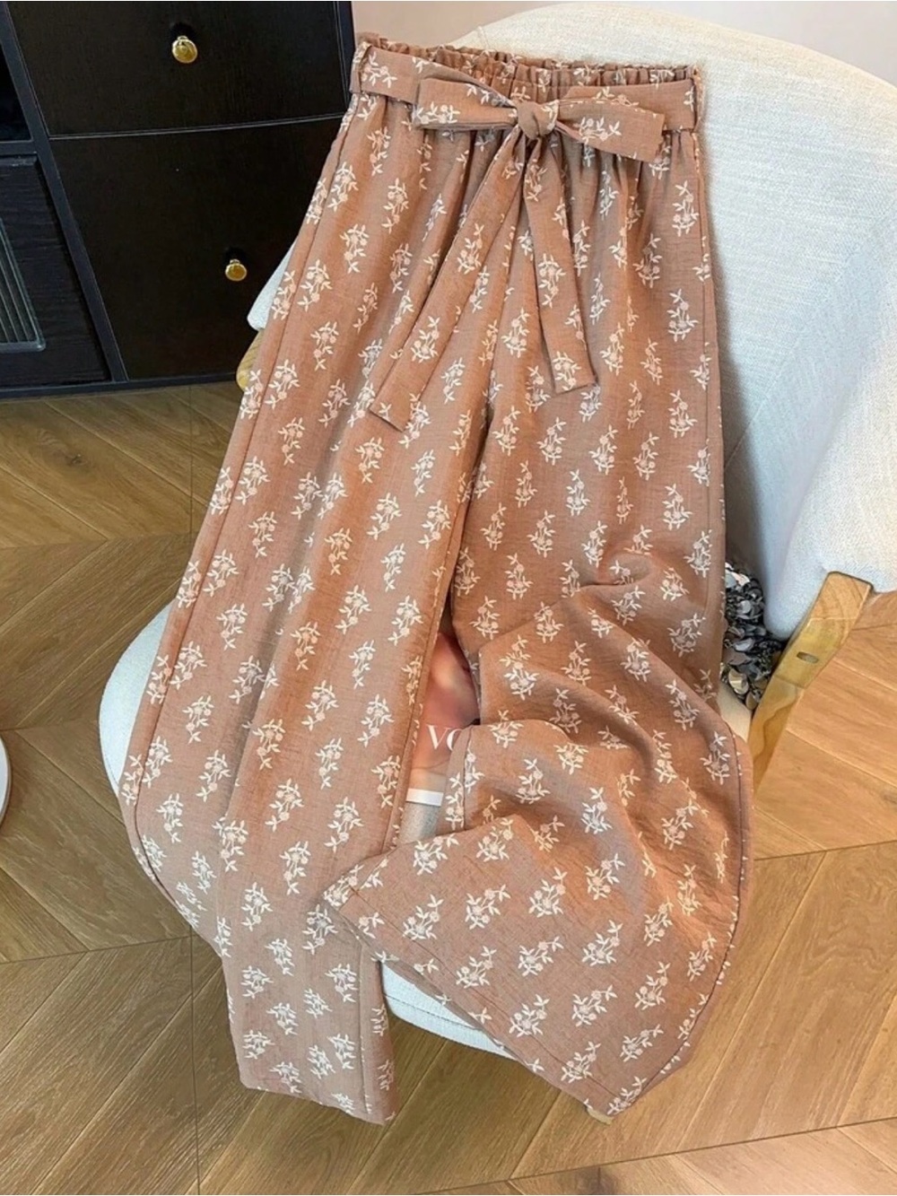 Women’s Floral embroidered elastic Tie-Waist Wide-Leg Pants - Mauve Pink